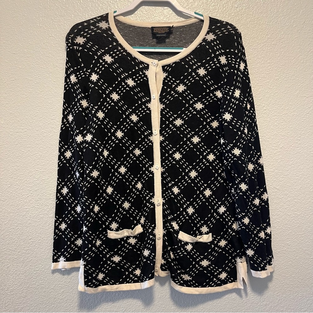 Pendleton Cardigan Sweater Top Set Women XL Black White Silk Knit Plaid Classic